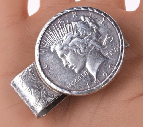 Clip per denaro sterling incisa a mano con dollaro argento 1923 - Foto 1 di 3