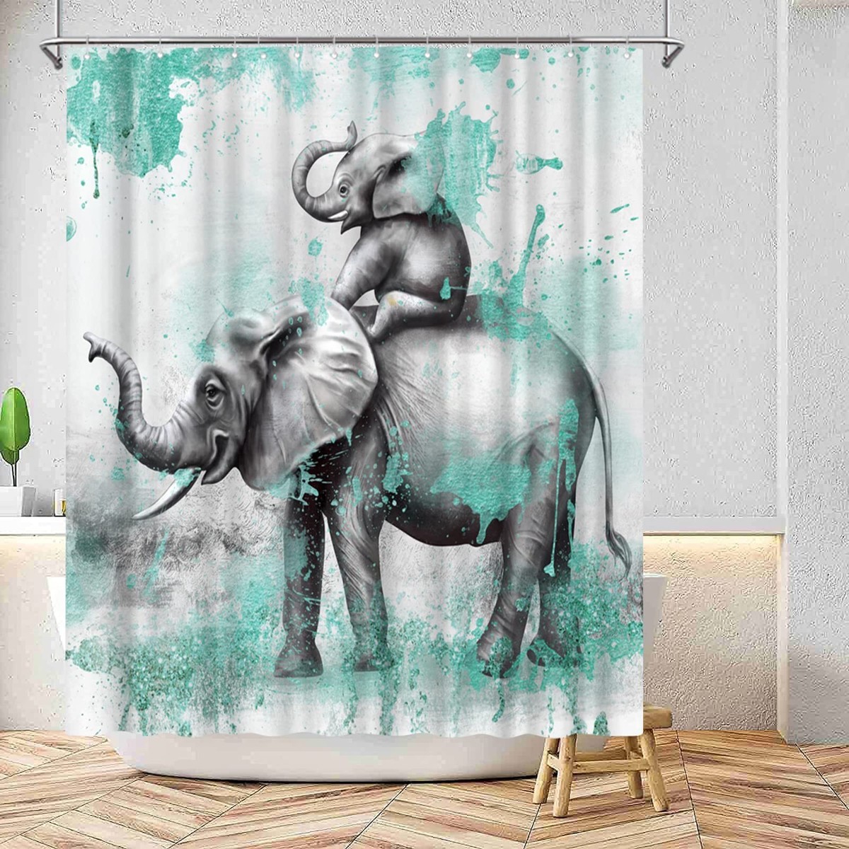 Teal and Gray Elephant Shower Curtain 72x72 Wild Animal Theme