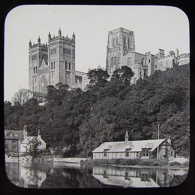 Glas magische Laterne Dia DURHAM CATHEDRAL VOM FLUSS UM 1890 VIKTORIANISCH .... FOTO