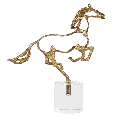 GALLOP METALLIC GOLD & CRYSTAL BASE TABLE TOP STATUE HORSE SCULPTURE 18146 - Picture 4 of 5