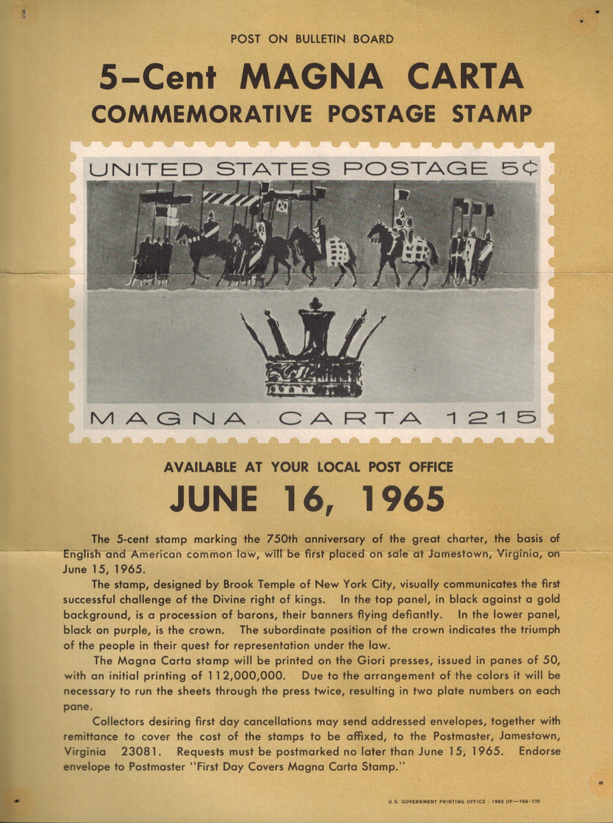 RARE 1965 Magna Carta 5 Cent Commemorative Postage Stamp Postal