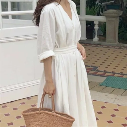 Mujer Vestido de Lino Algodón Cuello en V Cinturón Largo Botón Suelto Informal Blanco Negro Hada - Imagen 13 de 16
