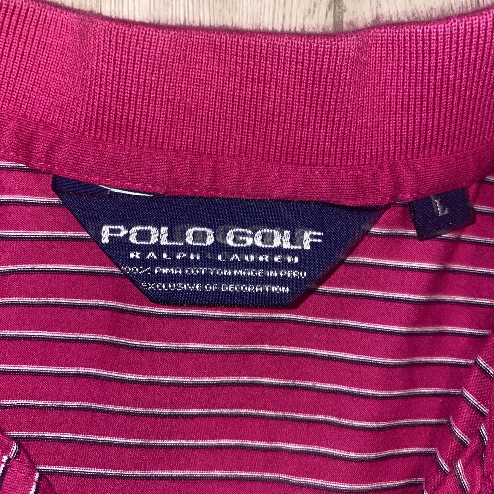 Ralph Lauren POLO GOLF Shirt Large Pink Striped Pima Cotton Knit Pony