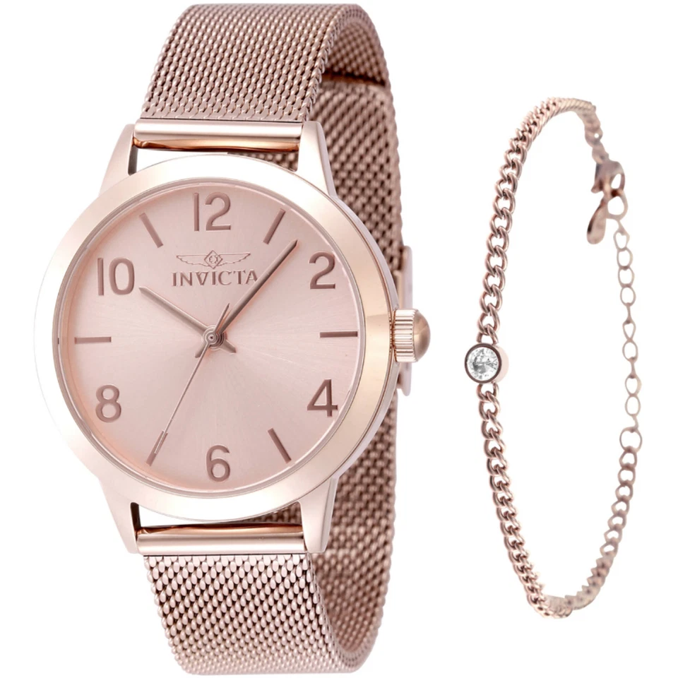 Reloj para mujer Invicta flor silvestre cuarzo esfera oro rosa malla acero pulsera 48331