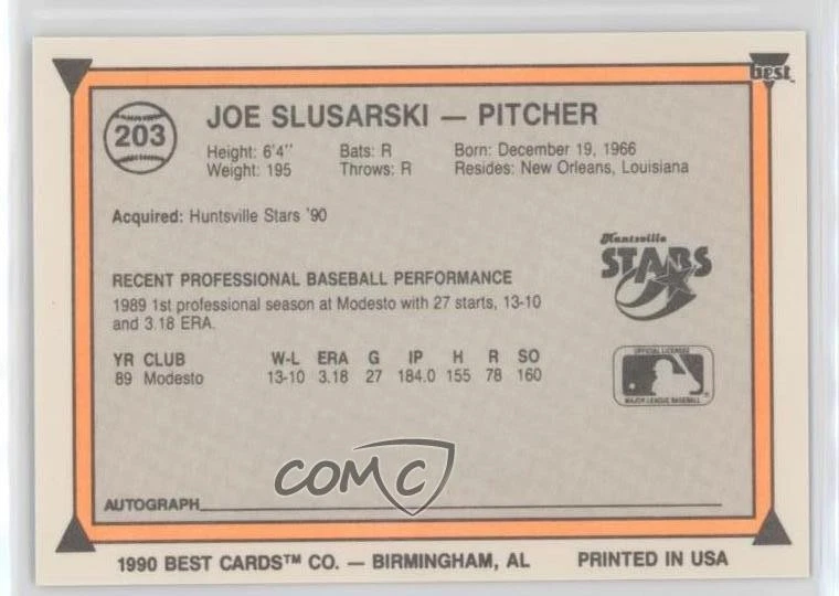 1990 Best Minor League Joe Slusarski #203 - Image 2 of 2