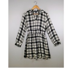 Dark Academia Primark Womens 4 Black White Plaid Smocked Waist V-Neck Mini Dress