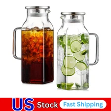 Netany 2 Pack 2 Liters/68 oz Square Glass Pitcher with Lid and Handle for Fridge