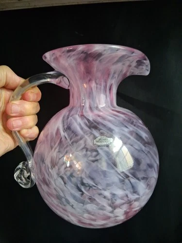 Blenko Handcraft Pitcher Hand Blown Art Glass Pink White Swril Singed & 107/500