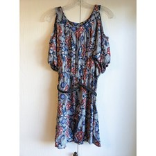 As U Wish Womens Sz M Above Knee Cold Shoulder Dress Blue Orange Floral Boho