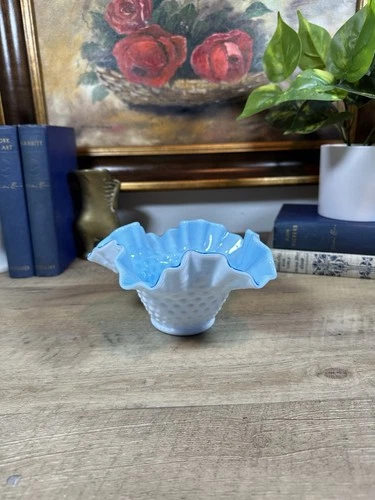 Vintage Blue & Milk Glass Hobnail Wavy Edge Vase Bowl Fenton Kanawha