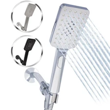 Rectangle Handheld Shower Head W/ Easy Clicker for Multiple Sprays & 5' SS Hose
