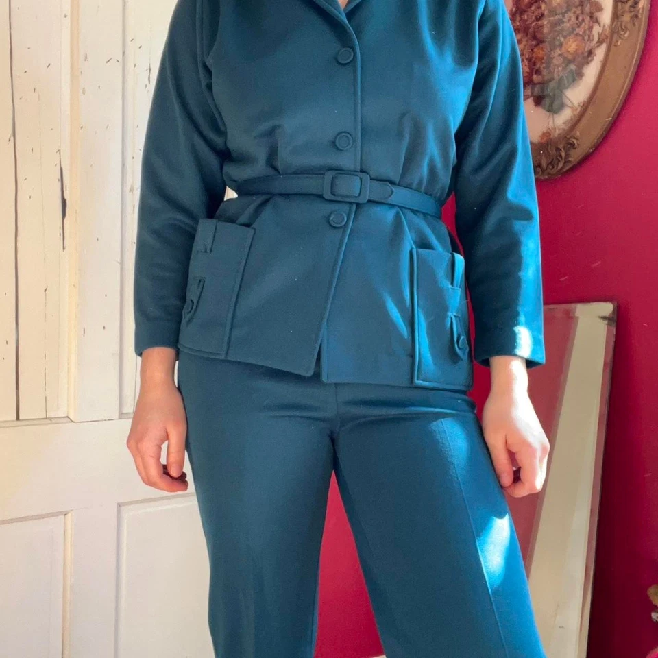 Vintage 1970s That Girl Emerald Green Mod Monochrome Pants Suit Set Size XS/S - Image 3 of 4