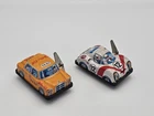 Vintage Tin Litho Yellow Cab & White Porsche Race Cars Wind-Up Toy