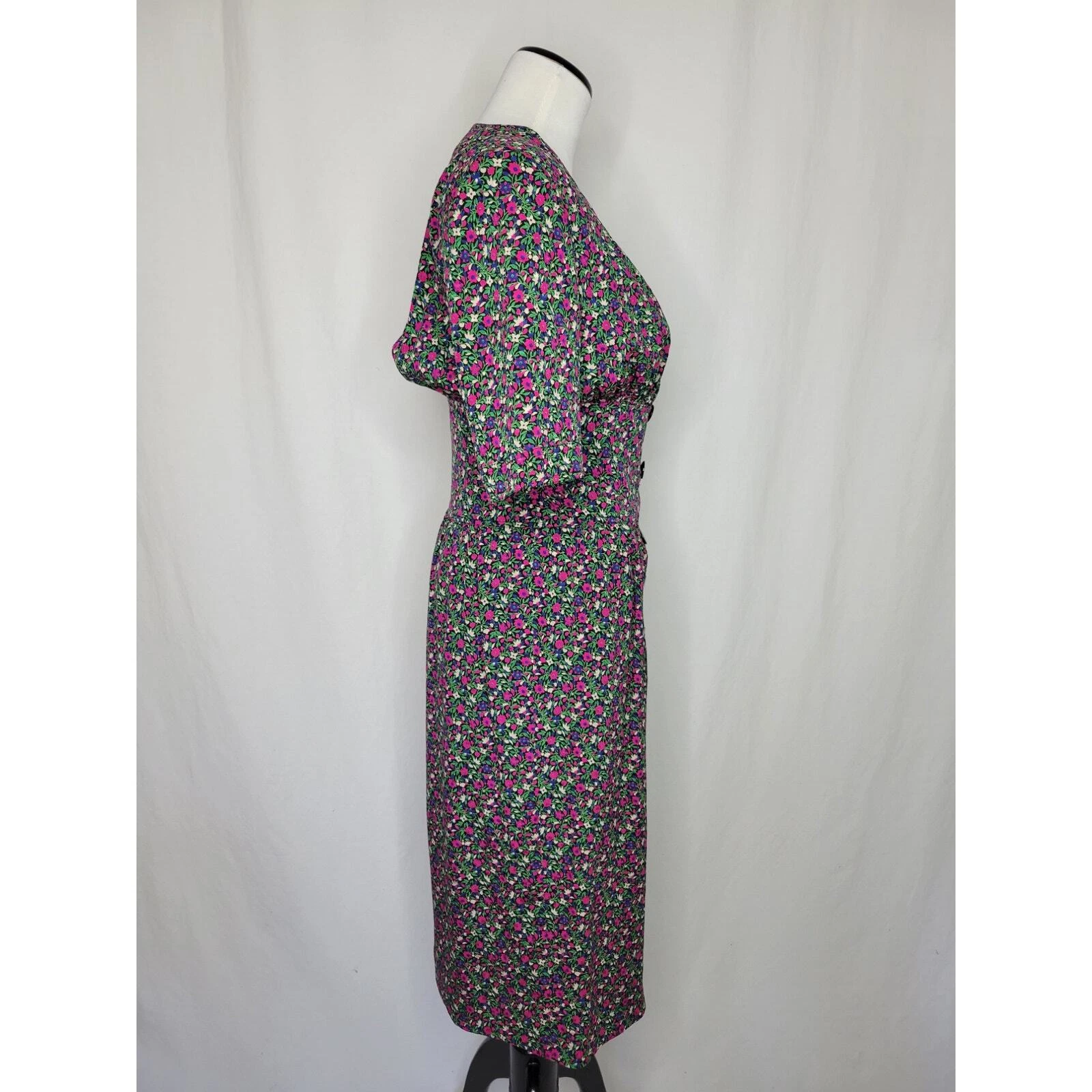 Abito vintage Valentino taglia 6 100% seta stampa floreale abbottonato Italia anni '80