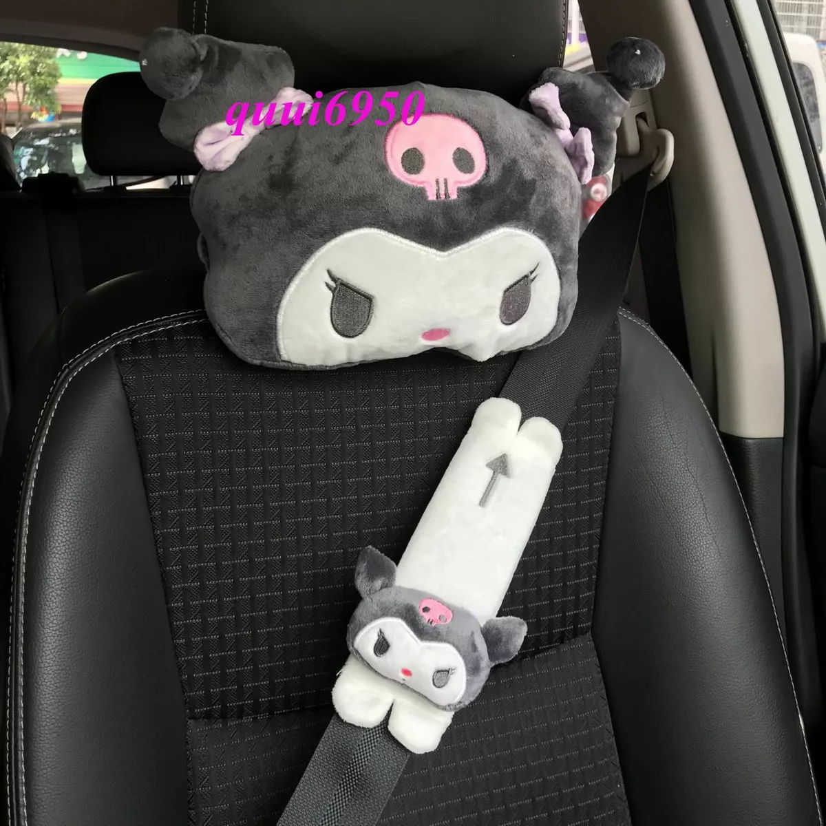 2pcs Cute Kuromi Auto Car Neck Pillow Headrest Seat Belt Cover