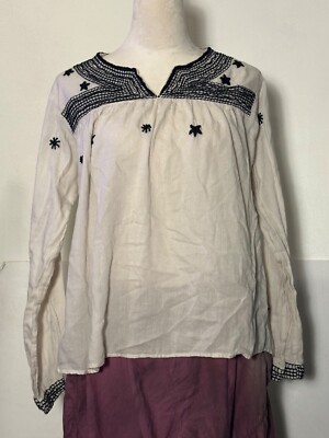 MATTA Top Blouse 100% Cotton Cream w/Black Embroidery   India   EUC - Large