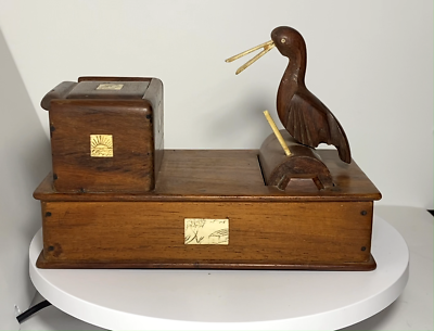 VINTAGE HAND CARVED MECHANICAL WOOD BIRD CIGARETTE BOX DISPENSER