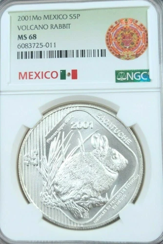 2001 MEXICO SILVER 5 PESOS S5P VOLCANO RABBIT NGC MS 68 VERY SCARCE TOP POP !!!