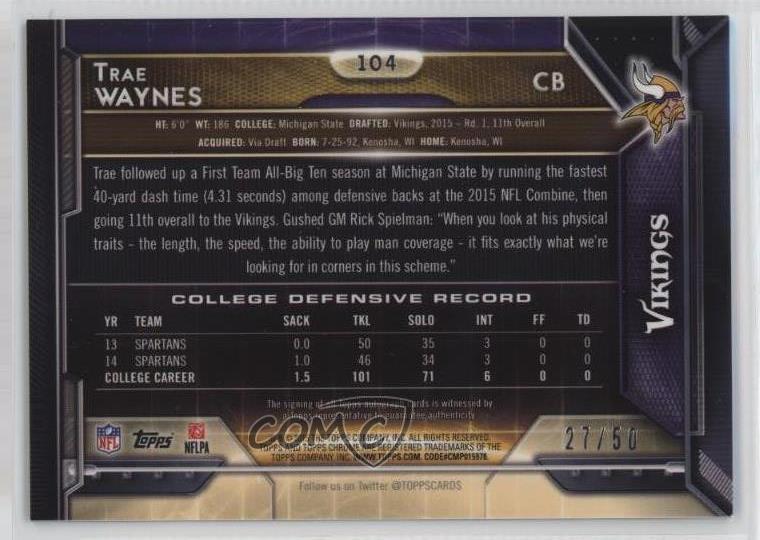 2015 Topps Chrome Rookies Blue Refractor /50 Trae Waynes 104 Rookie