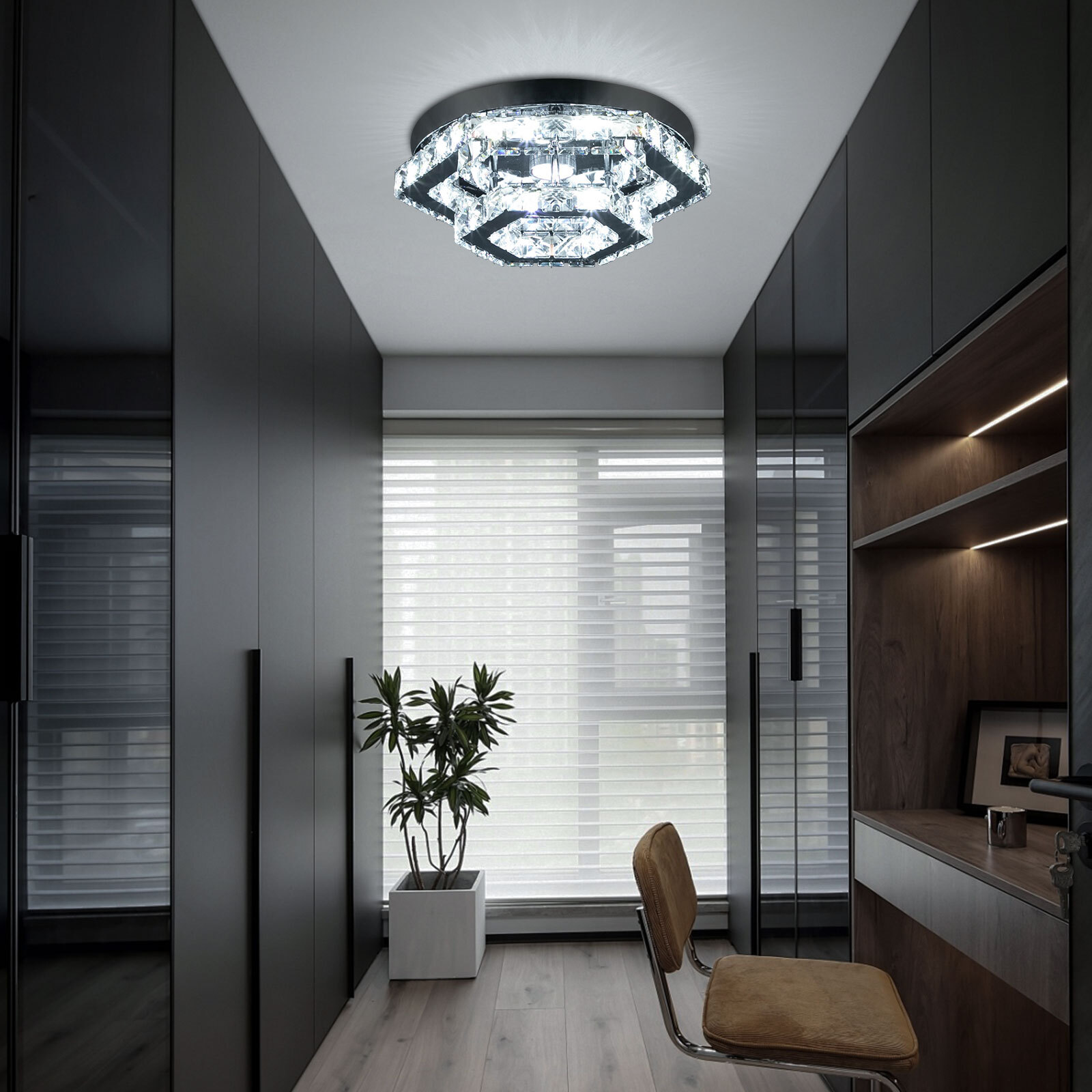 2 Tiers Crystal Ceiling Light, Modern Ceiling Mount Lamp Fixtures Remote Control