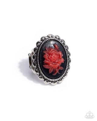 Paparazzi Beautiful Bloom - Red- Acrylic Flower - Black Matte - Silver Ring