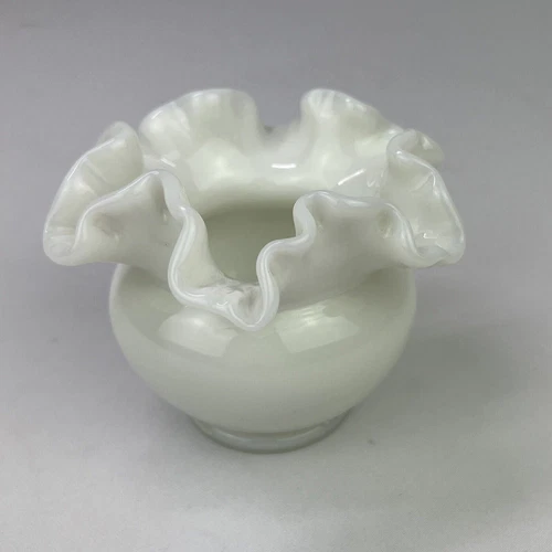 Vintage Fenton Ruffled Milk Glass Small Vase Bowl Crimped BEAUTIFUL