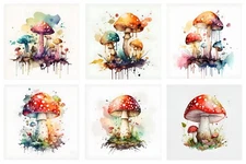 Set of 6 Watercolor Mushroom Collage Fussy Cut STICKERS - Just Cut & Use!