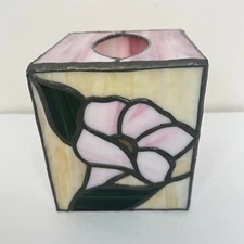 Vintage Leaded Stained Glass Tissue Box Cover Flower Floral Leaves Pink Beige