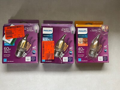 3 pk x3 Philips 60w 40w LED Clear Bent Tip Medium Base Bulb Dimmable Soft White