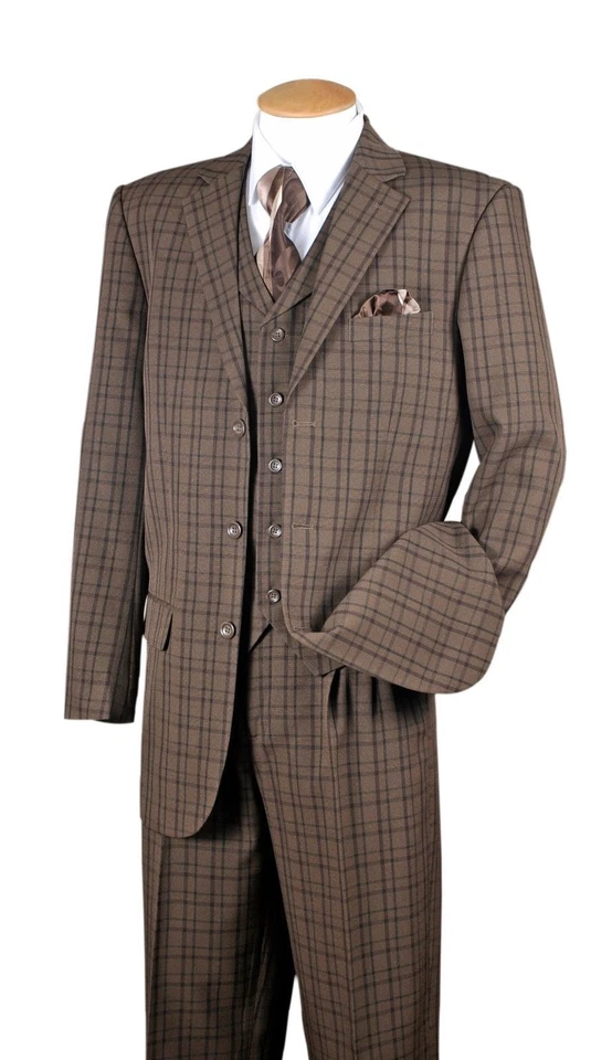 Traje de moda de 3 piezas para hombre con chaleco y pantalones diseño a cuadros marrón negro azul marino 5802V6 Foto 3 de 4