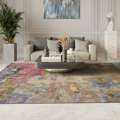 Modern Abstract Tibetan Sherpa 8x10 Beige Hand Loomed Wool & Silk Area Rug