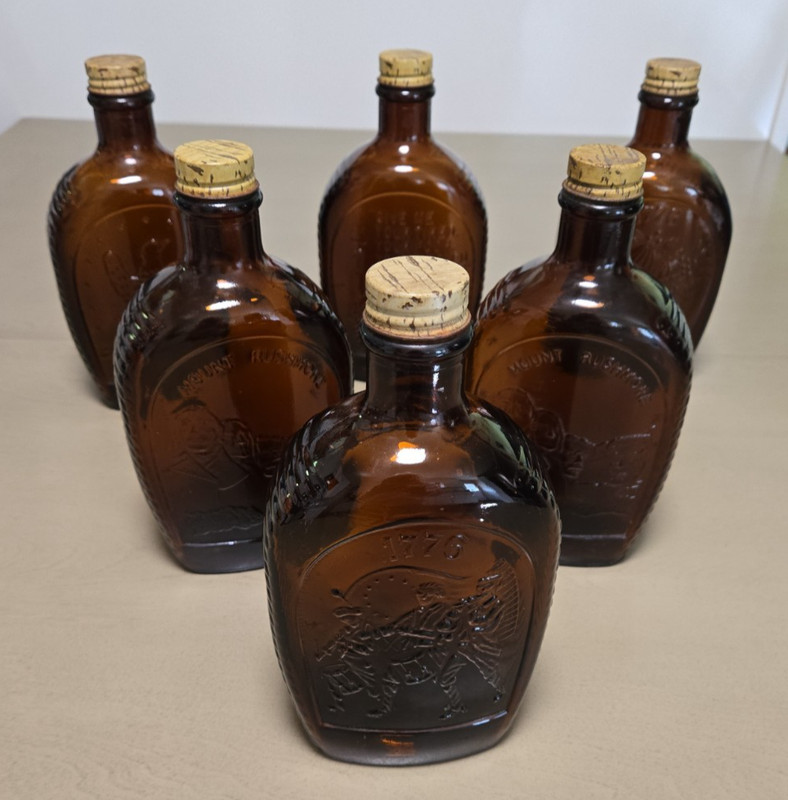 VINTAGE BICENTENNIAL  LOG CABIN SYRUP BOTTLES LOT OF 6 AMBER GLASS WITH CAPS