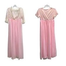 Vintage Pink Lace Maxi Nightgown Sheer Empire Waist Ruffle Sleeve Peignoir Dress