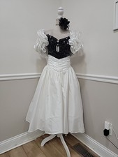 VTG 80s Sequin Ruffled Sleeves Dress Sequins Black White Beaded Prom Alyce Midi