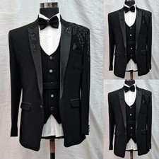 Peak Lapel Men's Suits 3Pcs Black Beading Jacket Glitter Sequined Appliques Coat