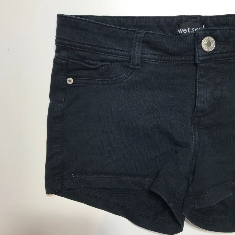 Pantalones Cortos Wet Seal Para Mujer Pequeños Tiro Bajo Y2K Negros Tiro Bajo Mini Pantalones Cortos Tejido Denim Foto 3 de 4