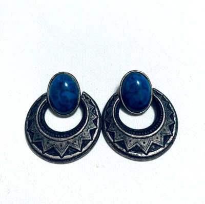 Vintage Native American Navajo silver tone earrings with blue stone for women