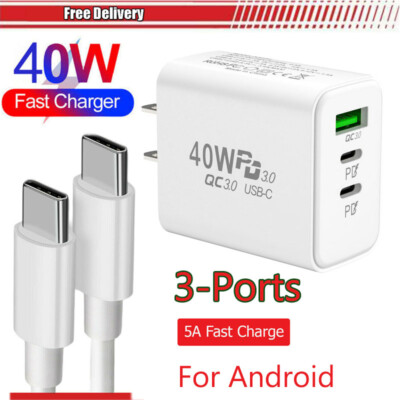 For Samsung/Google /Android Fast Charger 40W Double PD USB Adapter Type C Cable