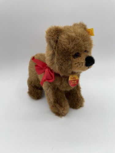 Peluche farcie marron Steiff Drolly Bear arc rouge 081255 bouton étiquette auriculaire IM OHR doux - Photo 1 sur 9