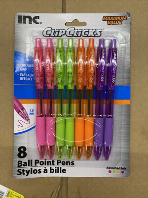 Inc Clip Clicks Neon 8pk Ball Point Pens Colored Ink 1.0mm Comfort Grip 4 Colors