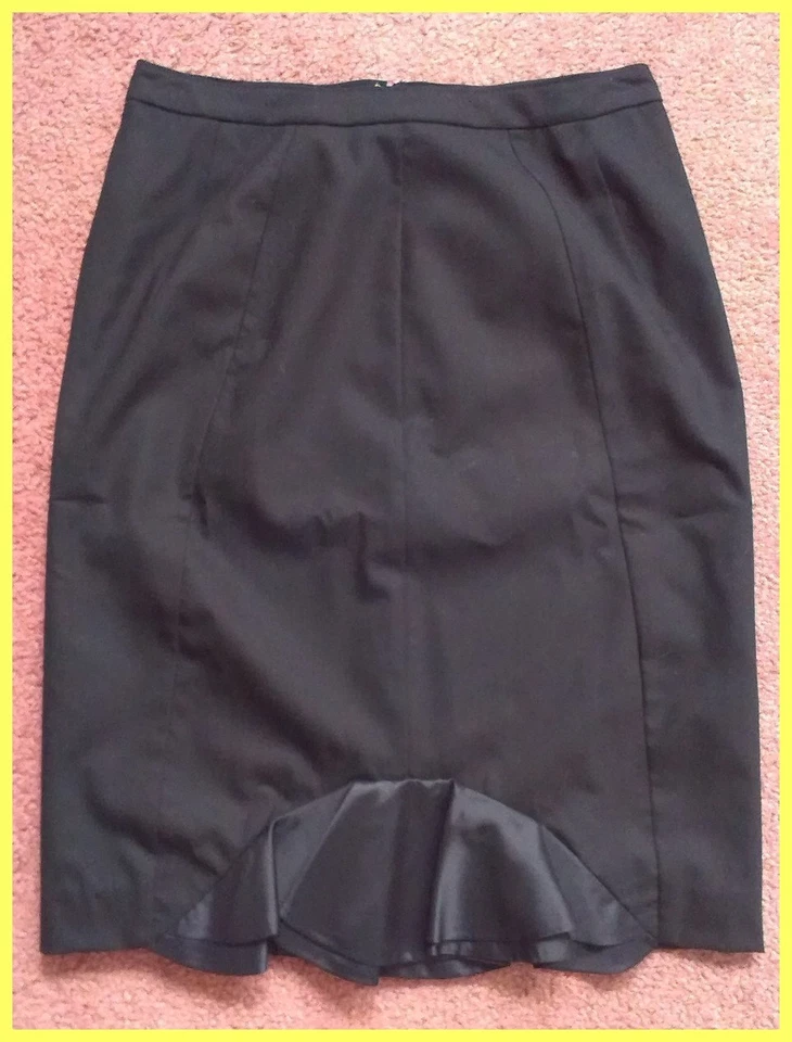 NUEVO CON ETIQUETAS $245 SINCLAIRE 10 Falda Lápiz Negra Elastizada Lana Volantes Paneles Talla 4 S SAKS