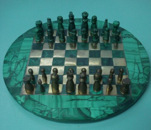 Complete Malachite Brass metal inlay chess board & matching pieces hand carved - Picture 1 of 17