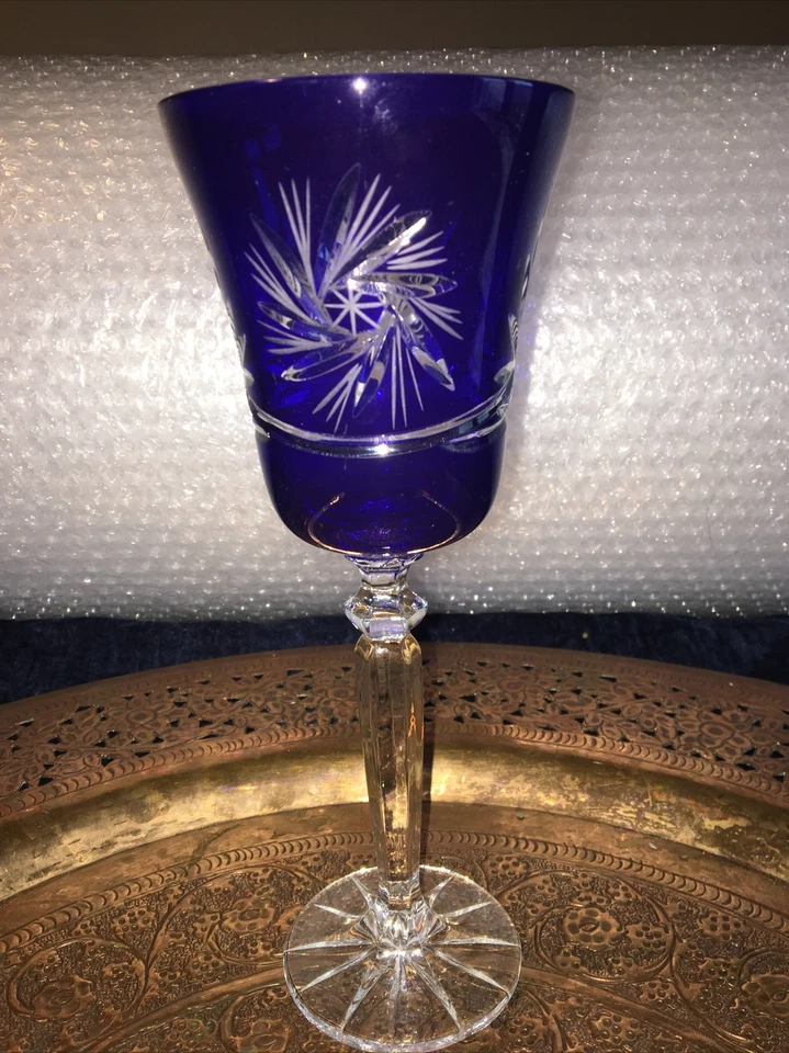 Cut to clear Crystal Wine / Hock Glass / Goblet blue glass cut to clear - Image 2 of 4