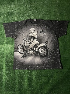 Vintage 90s 3D Emblem American Biker T-shirt Men's XL Pin Up Babe Sexy AOP Black