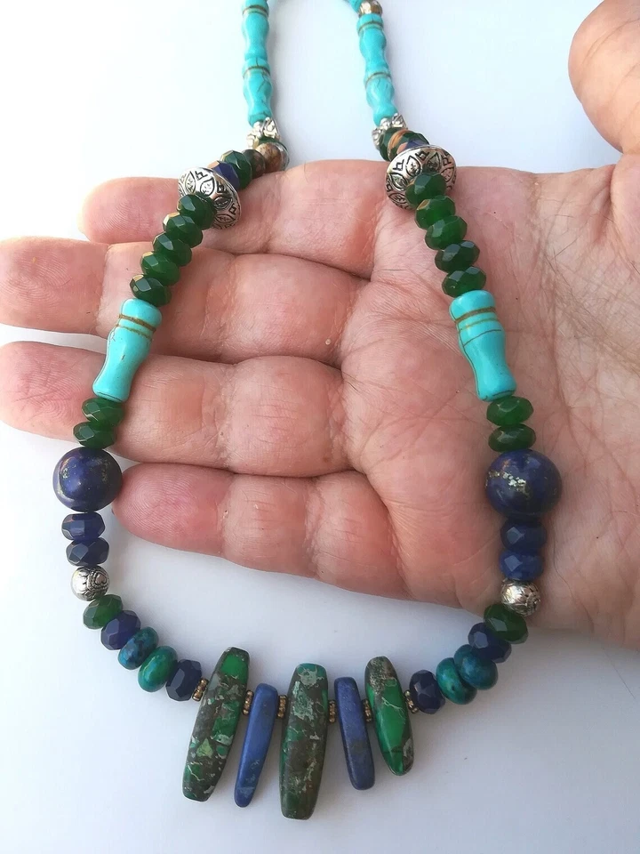 COLLANA NATIVI AMERICANI TURCHESE GIADA AZURITE LAPIS CRISOCOLLA ZAFFIRI ARGENTO - Immagine 2 di 4