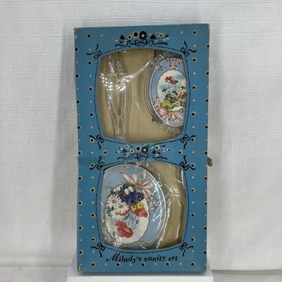 Vtg Milady's Vanity Set Handheld Mirror/Brush Bright Blue Floral Box 1950s