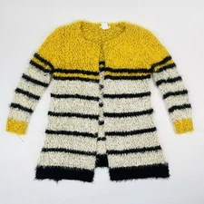 Solution Cardigan One Size Black White Yellow Striped Open Front Fuzzy SOFT