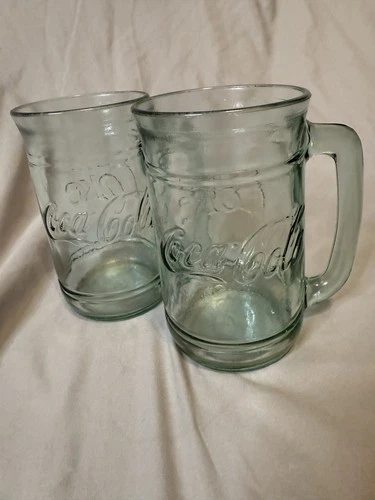 Vintage Coca Cola Green Tinted Heavy Glass Mugs with Handle Lot of 2