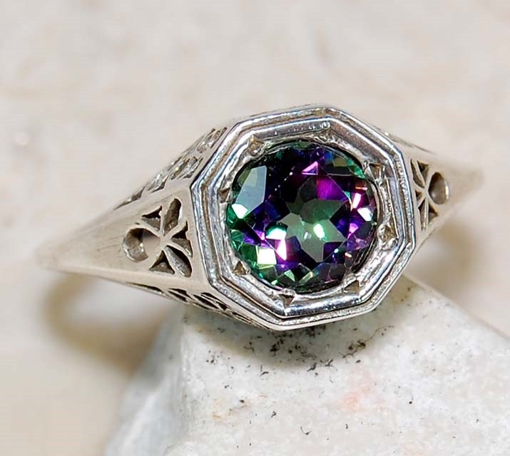 1CT Heat Treated Rainbow Topaz 925 Sterling Silver Deco Ring Sz 7 F6-5