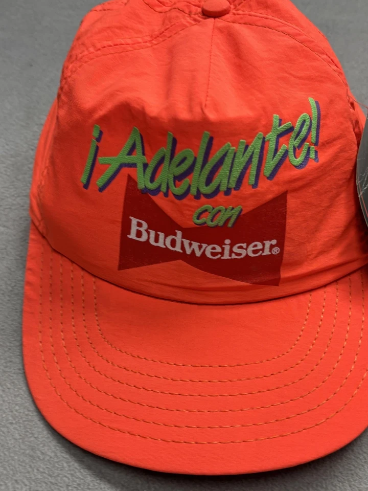 DE COLECCIÓN Gorra Budweiser Snap Back Naranja Adelante Supplex Hecha en EE. UU. Para Hombres Años 90 Foto 2 de 4